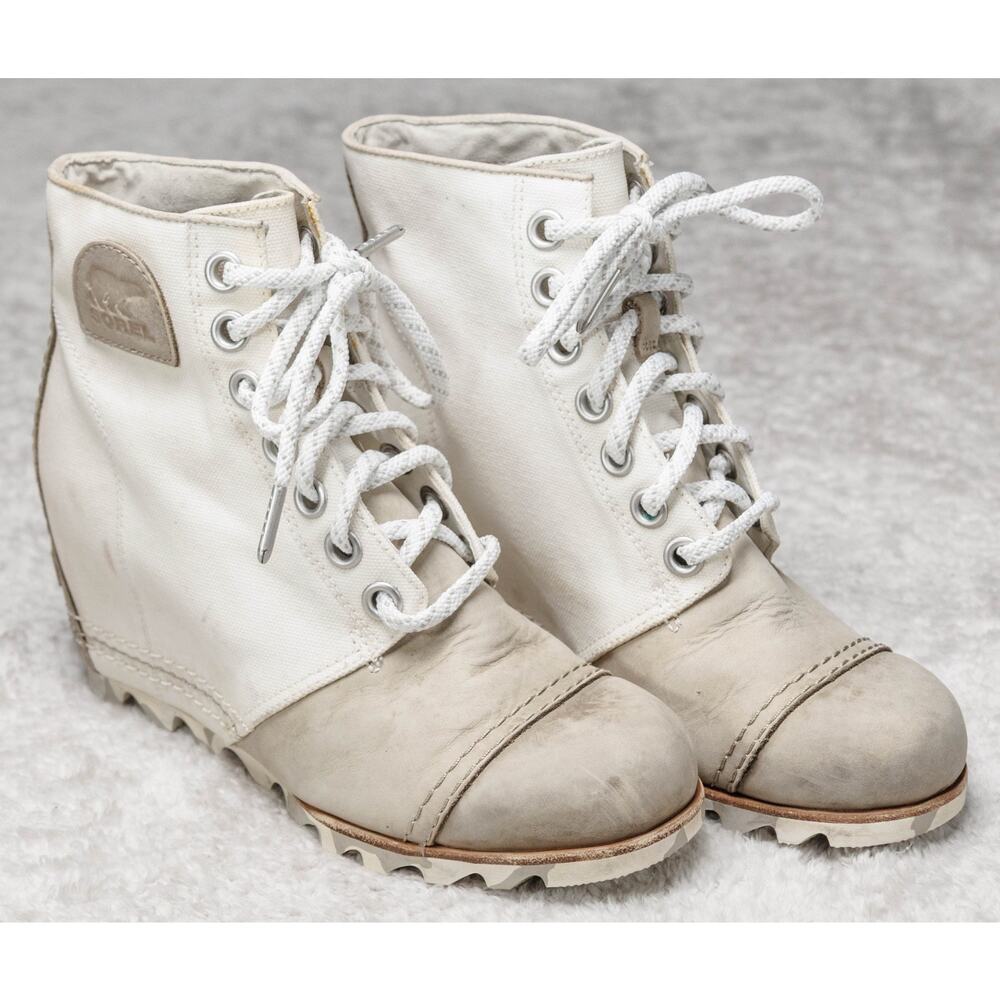 Sorel Joan of Arc Wedge Ivory Canvas Tan Leather Ankle Boots Womens Size 7.5